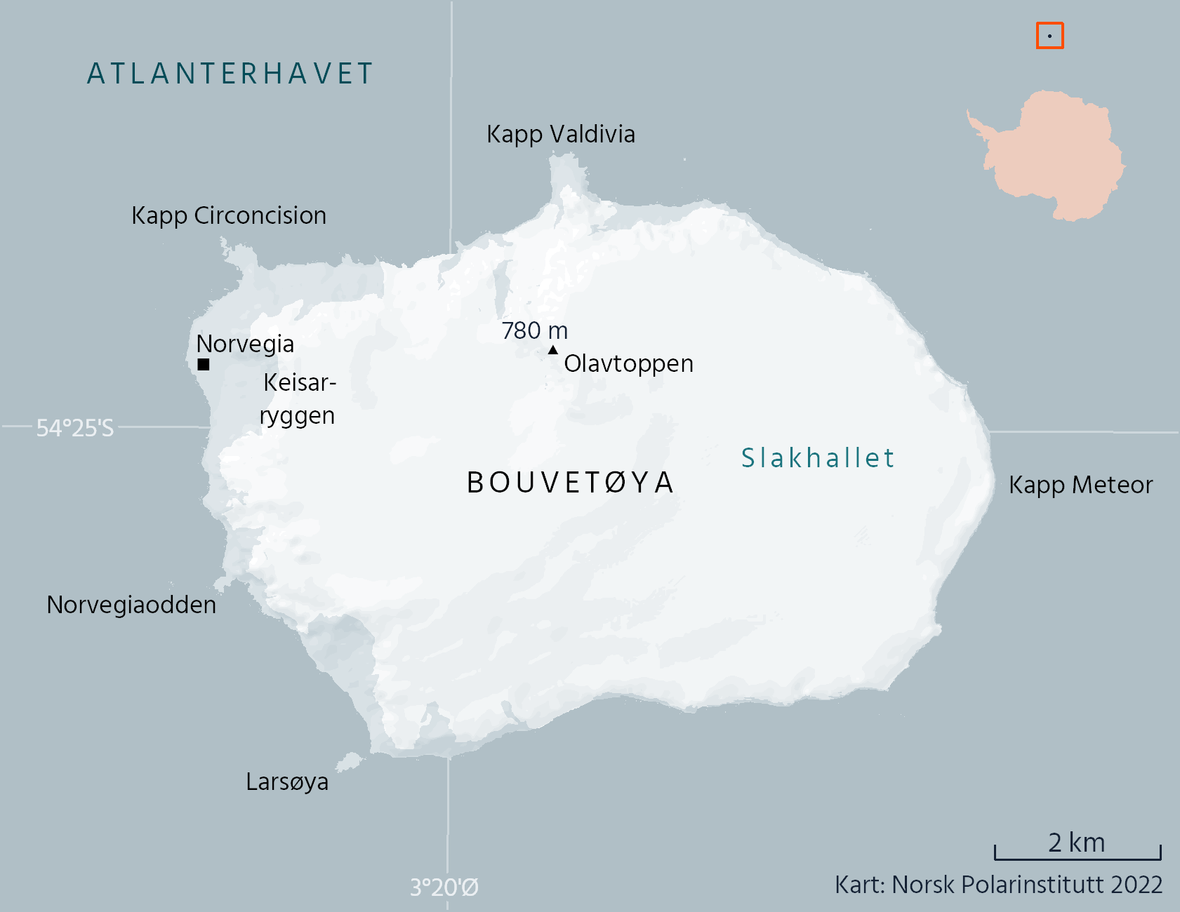 Carte topographique de l’île Bouvet publiée par le Norsk Polarinstitutt en 2022