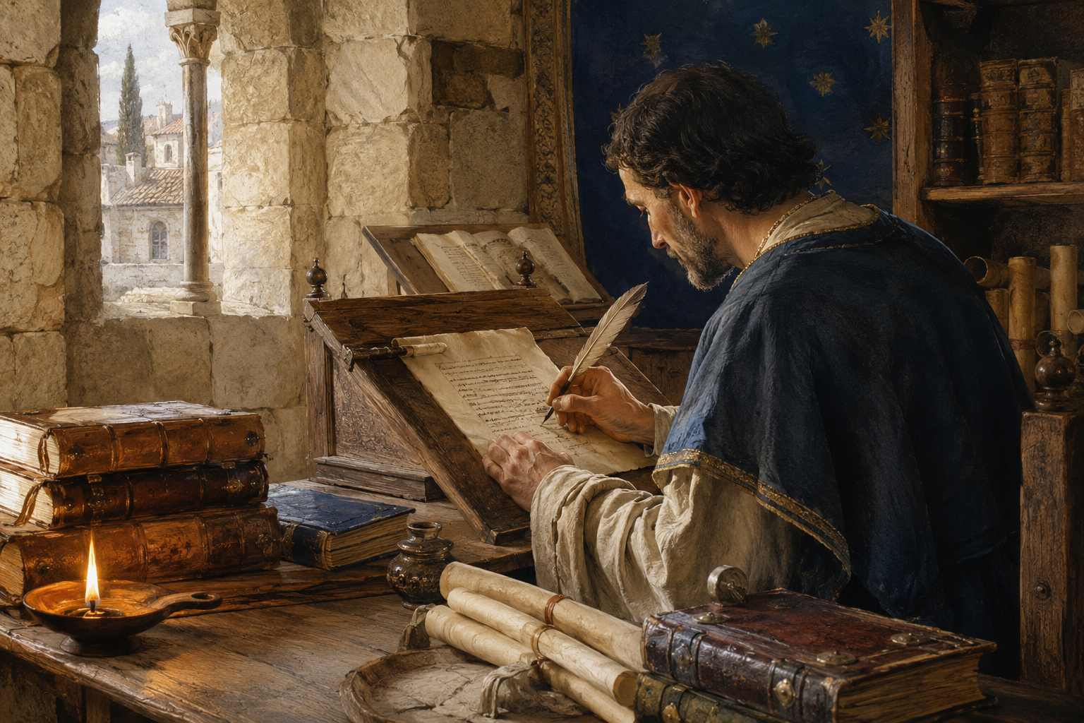 Illustration narrative d’Honoré Bouvet, clerc et juriste médiéval, rédigeant un manuscrit dans un scriptorium